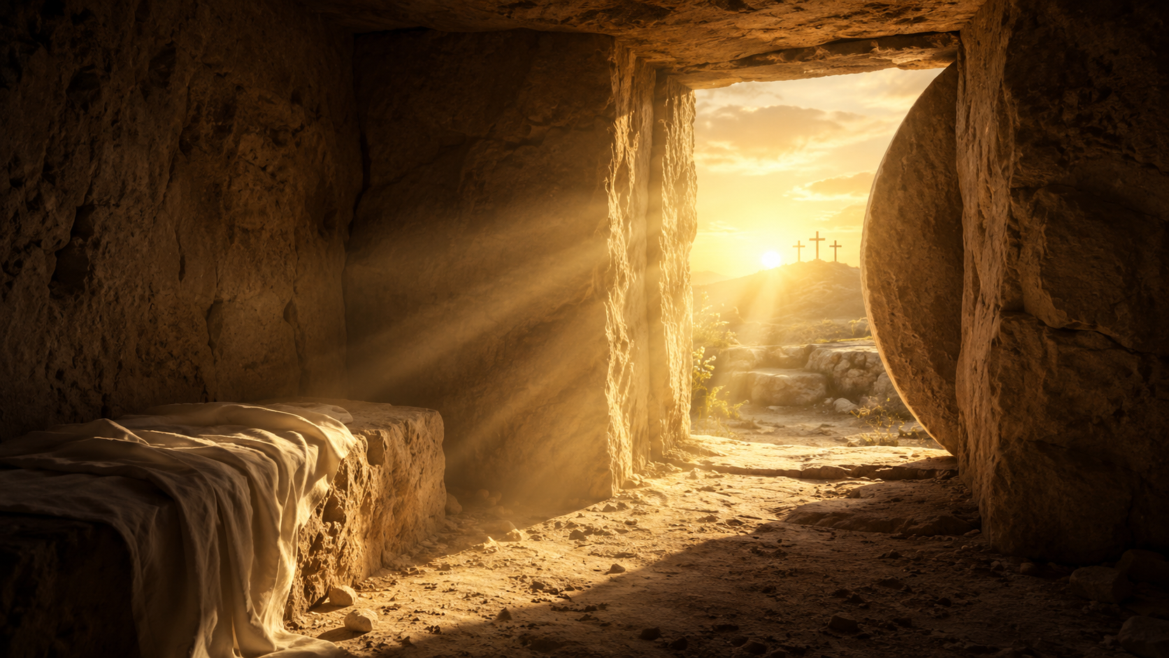 Golden dawn pouring through the opening of an empty stone tomb, the grave cloth left behind